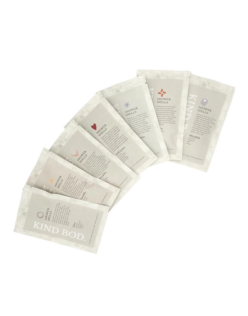 Kind Bod Shower Spells shower bomb with calming Zen scent, shown in clear packaging, designed for relaxing bath experiences.