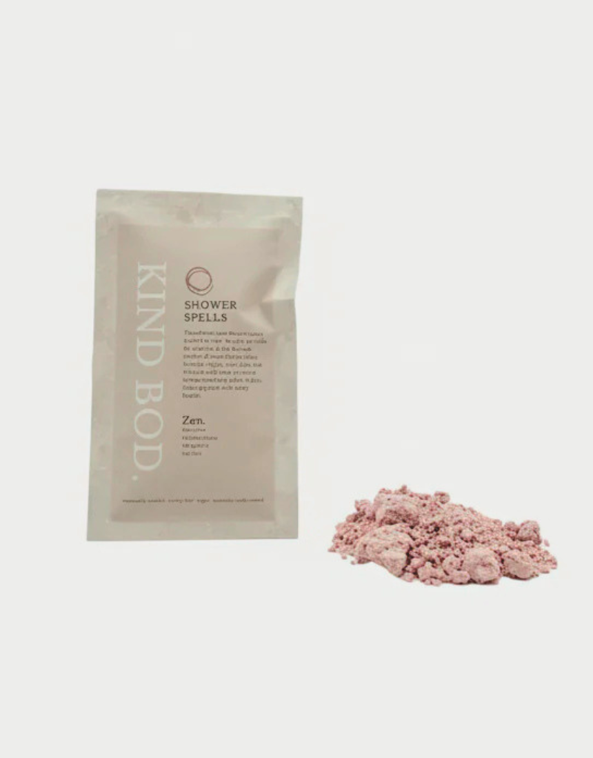 Kind Bod Shower Spells shower bomb with calming Zen scent, featuring natural ingredients and vibrant packaging.