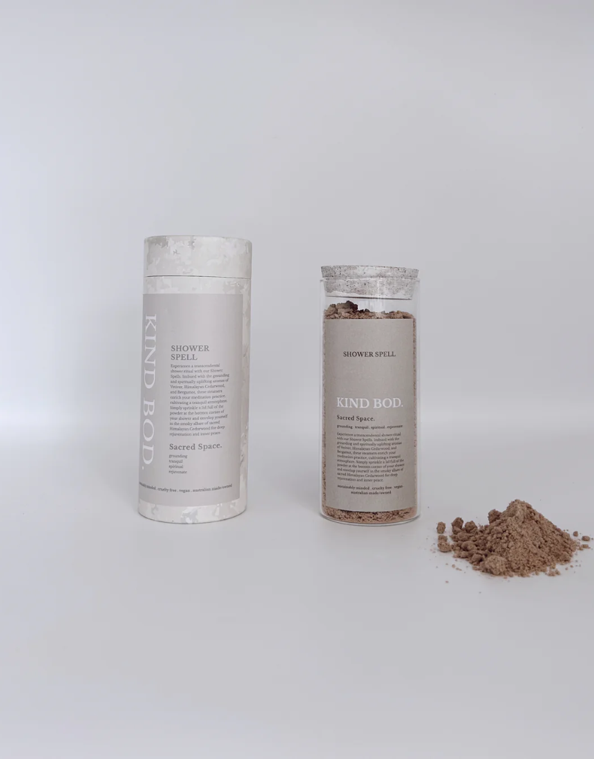 Kind Bod Spell Jar shower bomb with calming zen ingredients, displayed in a clear jar, designed for relaxing shower experiences.