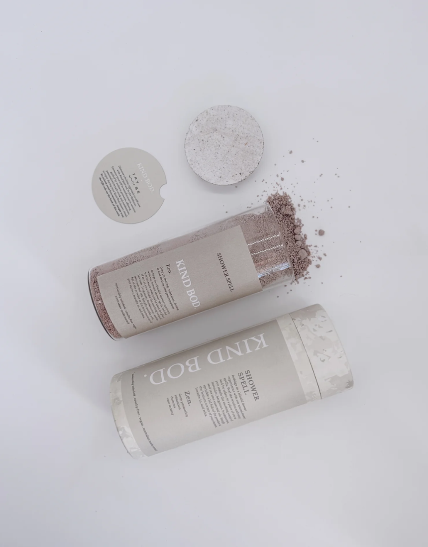 Kind Bod Spell Jar shower bomb with calming herbs and crystals, designed for a relaxing shower experience.