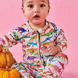 White organic long sleeve Dino Max romper by Kip & Co, featuring a zipper closure and playful dinosaur print for babies.