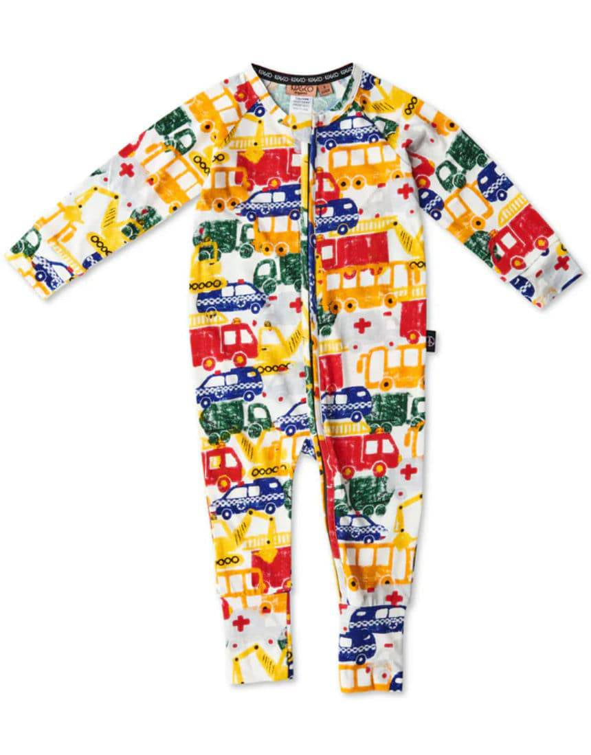 Kip & Co Big Wheels organic long sleeve zip romper for babies, featuring colorful wheel patterns and soft fabric.