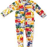 Kip & Co Big Wheels organic long sleeve zip romper for babies, featuring colorful wheel patterns and soft fabric.