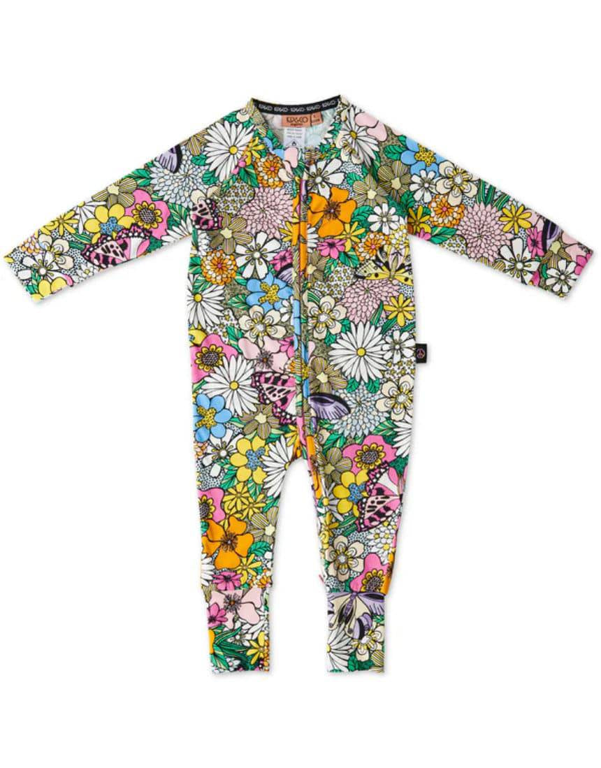 Kip & Co Bliss Floral organic long sleeve zip romper for babies, featuring vibrant floral print and soft, comfortable fabric.