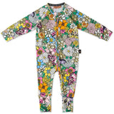 Kip & Co Bliss Floral organic long sleeve zip romper for babies, featuring vibrant floral print and soft, comfortable fabric.