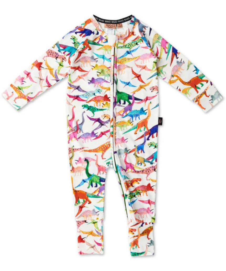 Kip & Co Dino Max white organic long sleeve zip romper for babies, featuring playful dinosaur print and cozy fabric.