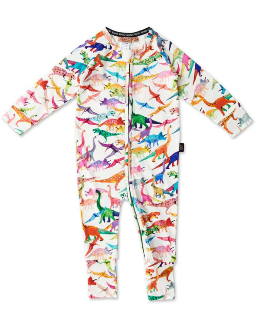 Kip & Co Dino Max white organic long sleeve zip romper for babies, featuring playful dinosaur print and cozy fabric.