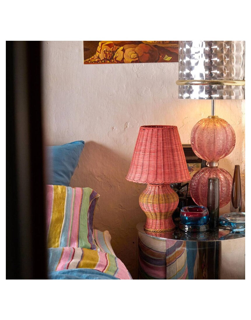 Kip & Co Guava Stripe Le Parisian Rattan Lamp, styled