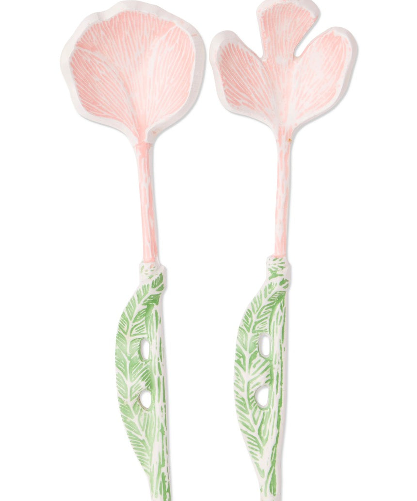 Kip&Co floral salad servers set with wooden handles and colorful floral patterned stainless steel blades.