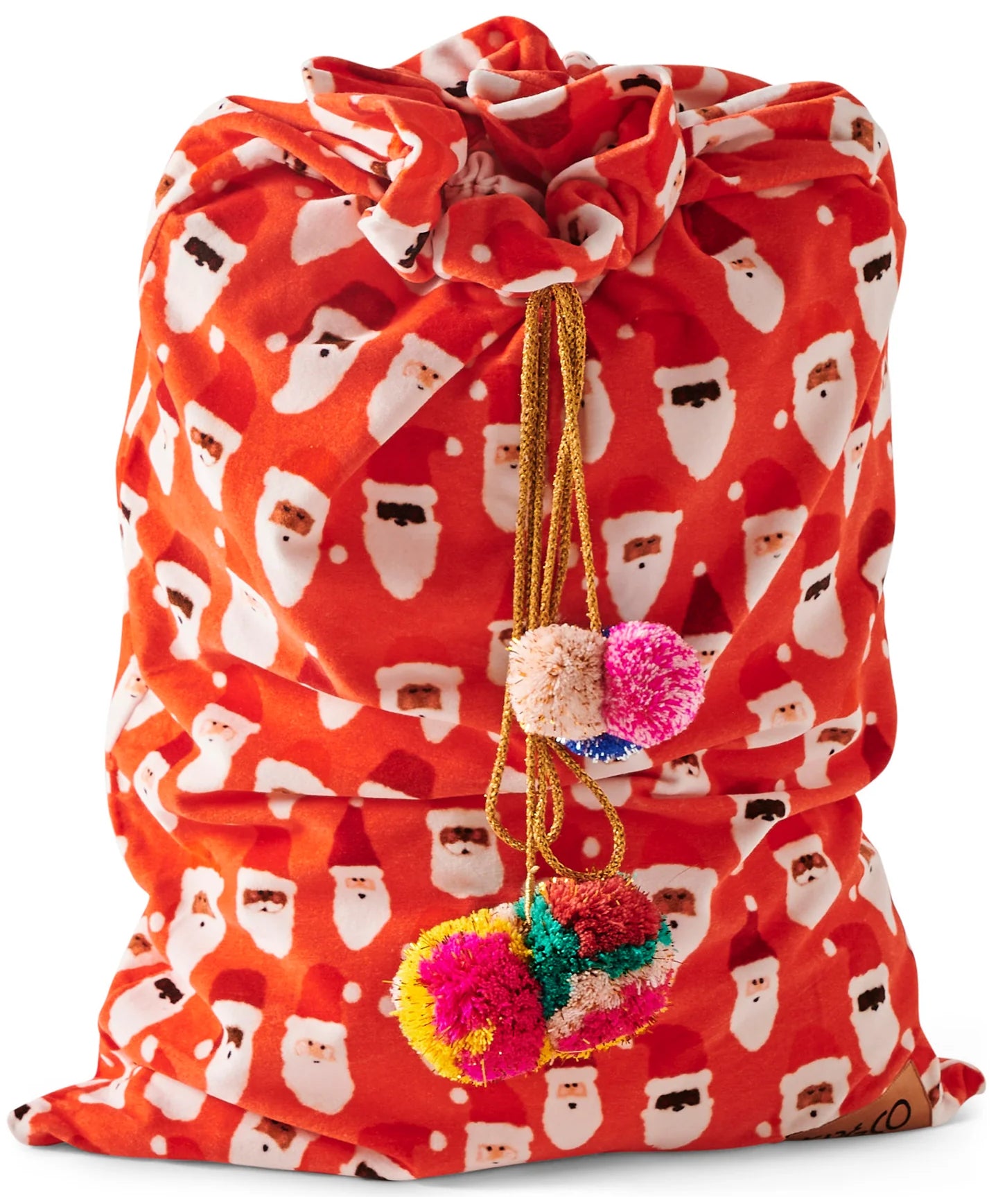 Kip & Co HoHoHo red velvet Santa Sack with white festive lettering and plush drawstring closure for holiday gift giving.