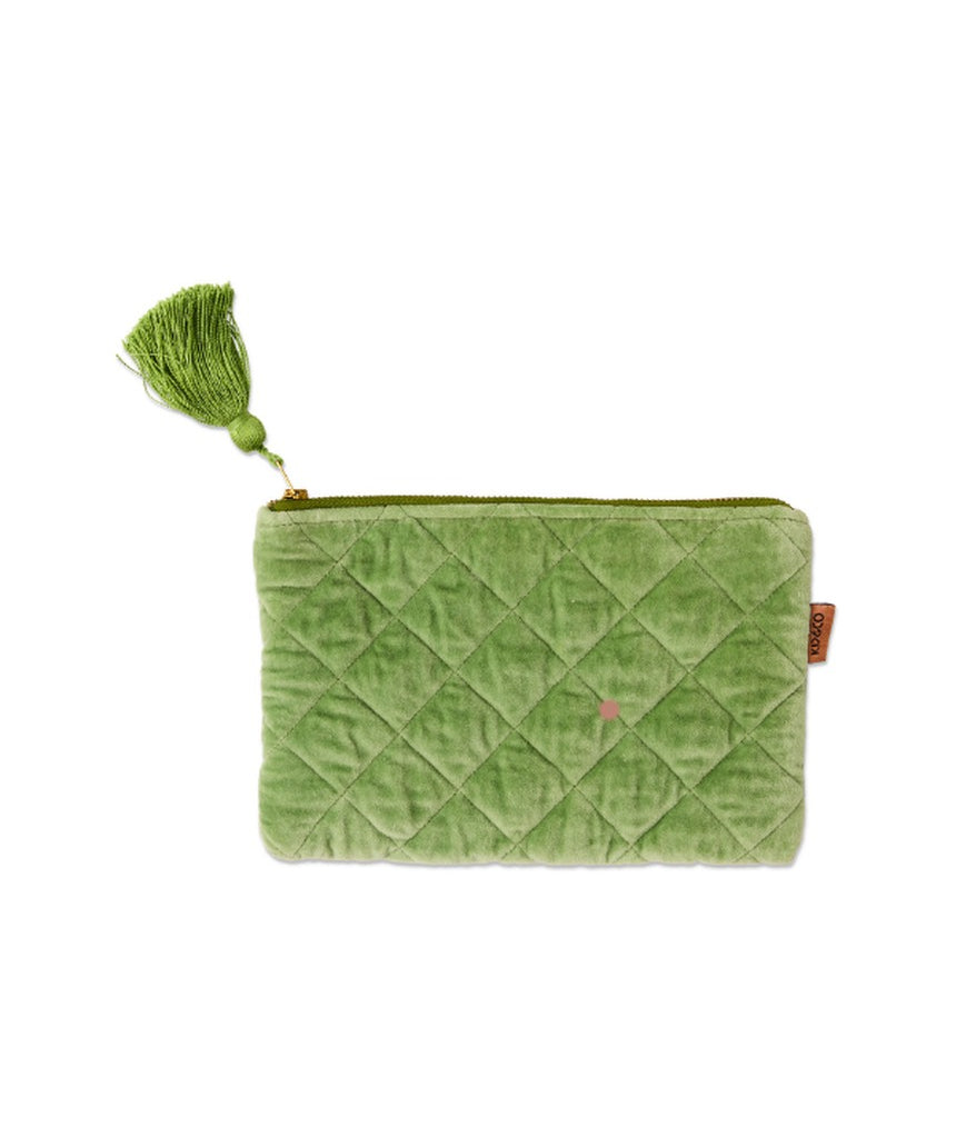 Kip&Co velvet cosmetics purse in Pesto color with a soft, plush texture and compact design for makeup and small essentials.