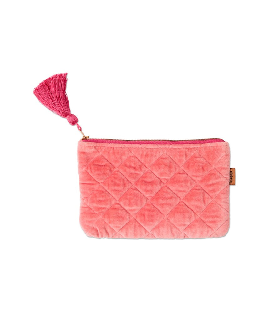 Kip&Co velvet cosmetics purse in strawberry color with a soft fabric exterior and zipper closure, perfect for storing beauty essentials.