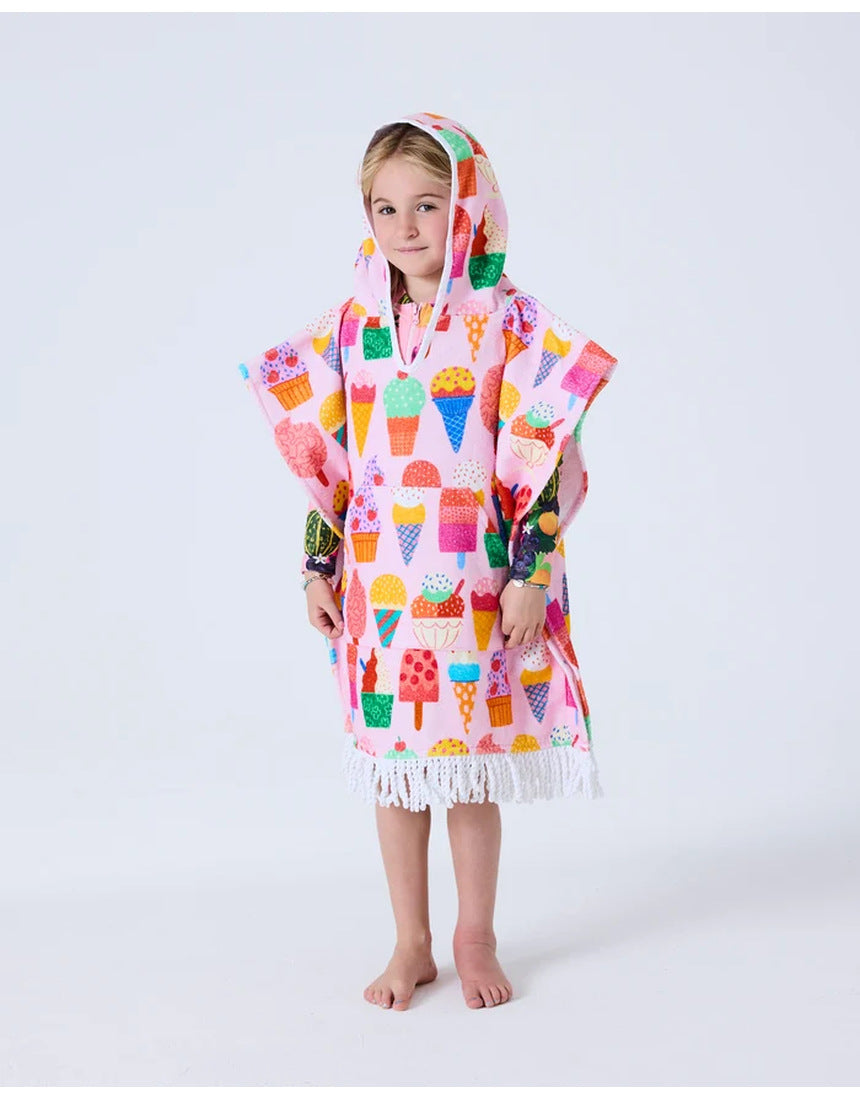 Kip&Co printed kids terry poncho in Gelato design, soft and cozy children's towel with colorful print and hood.