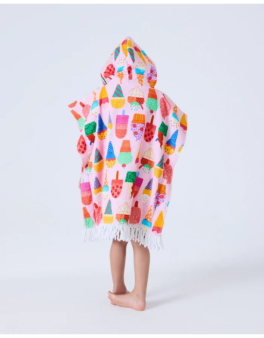 Kip&Co printed kids terry poncho in Gelato design, soft and cozy children's towel wrap with colorful pattern.