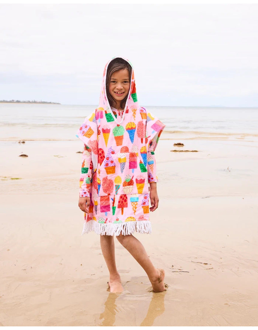 Kip&Co printed kids terry poncho in Gelato with colorful patterns, soft terry fabric, and hooded design for children.