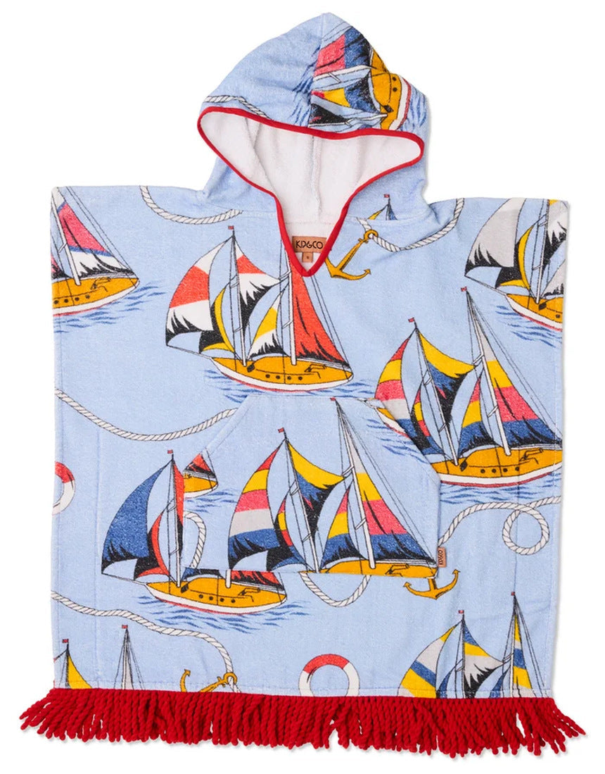 Kip&Co printed kids terry poncho featuring a sailor-inspired design, soft terry fabric, perfect for children’s casual wear.