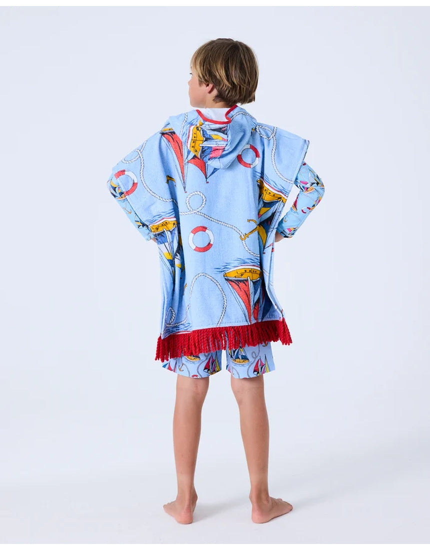 Kip&Co printed kids terry poncho featuring a nautical "Hey Sailor" design, soft fabric, and colorful pattern for children.