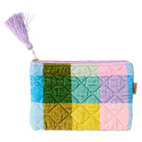 Kip&Co velvet cosmetics purse in Sorbet Tartan with a soft, plush texture and compact design for makeup storage.