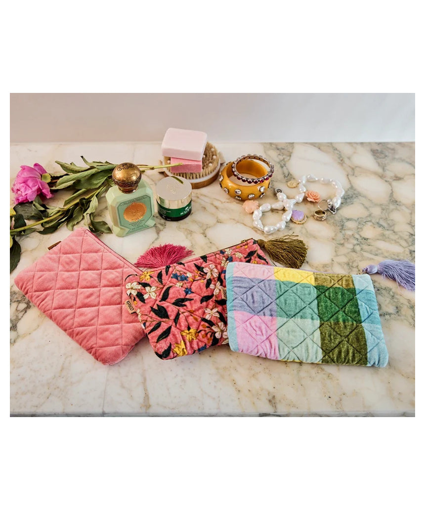Kip&Co velvet cosmetics purse in Sorbet Tartan with a soft, plush fabric and compact design for makeup storage.