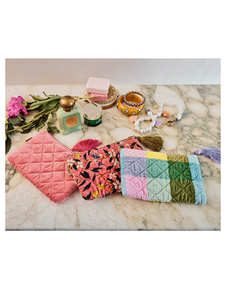 Kip&Co velvet cosmetics purse in Sorbet Tartan with a soft, plush fabric and compact design for makeup storage.