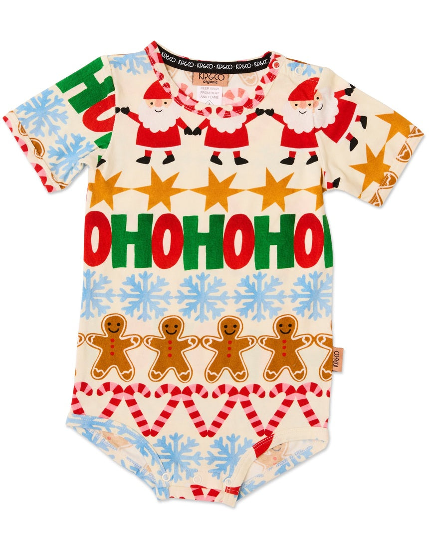 Kip & Co Festive Garland organic short sleeve romper for babies, featuring a colorful festive print