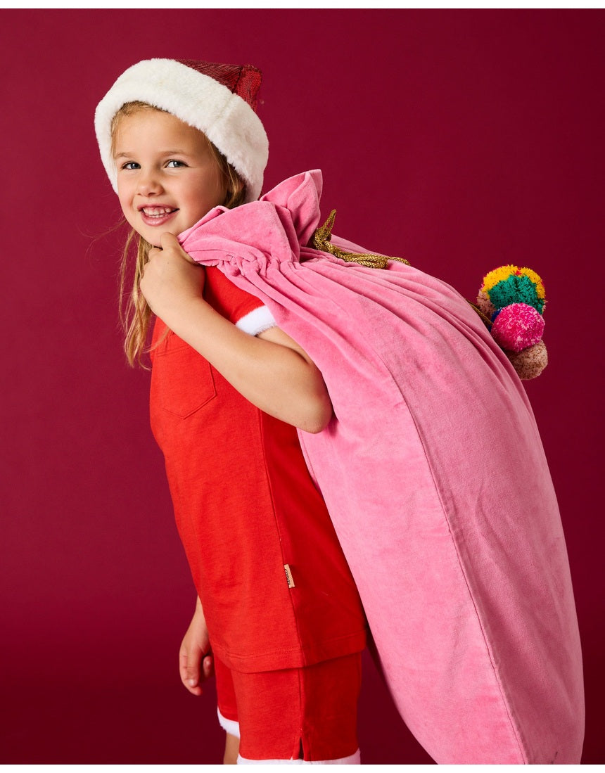 Kip & Co Pinky velvet Santa sack in soft pink fabric with festive Christmas design