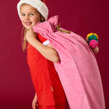 Kip & Co Pinky velvet Santa sack in soft pink fabric with festive Christmas design