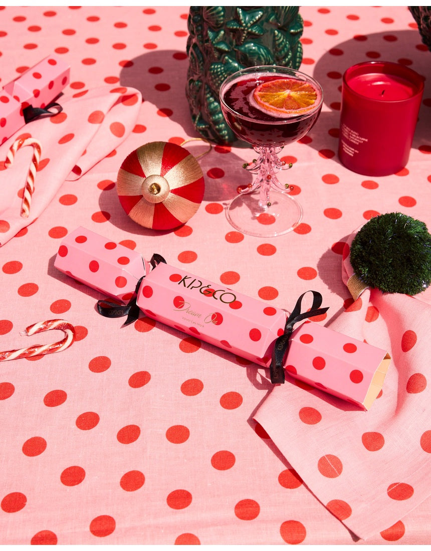 Kip & Co pink polkadot eco satin bon bon eye mask 4-piece set folded together