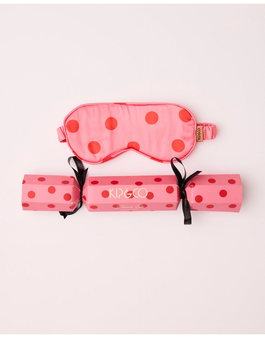 Kip & Co pink polkadot eco satin Bon Bon eye mask 4-piece set with soft sleep masks