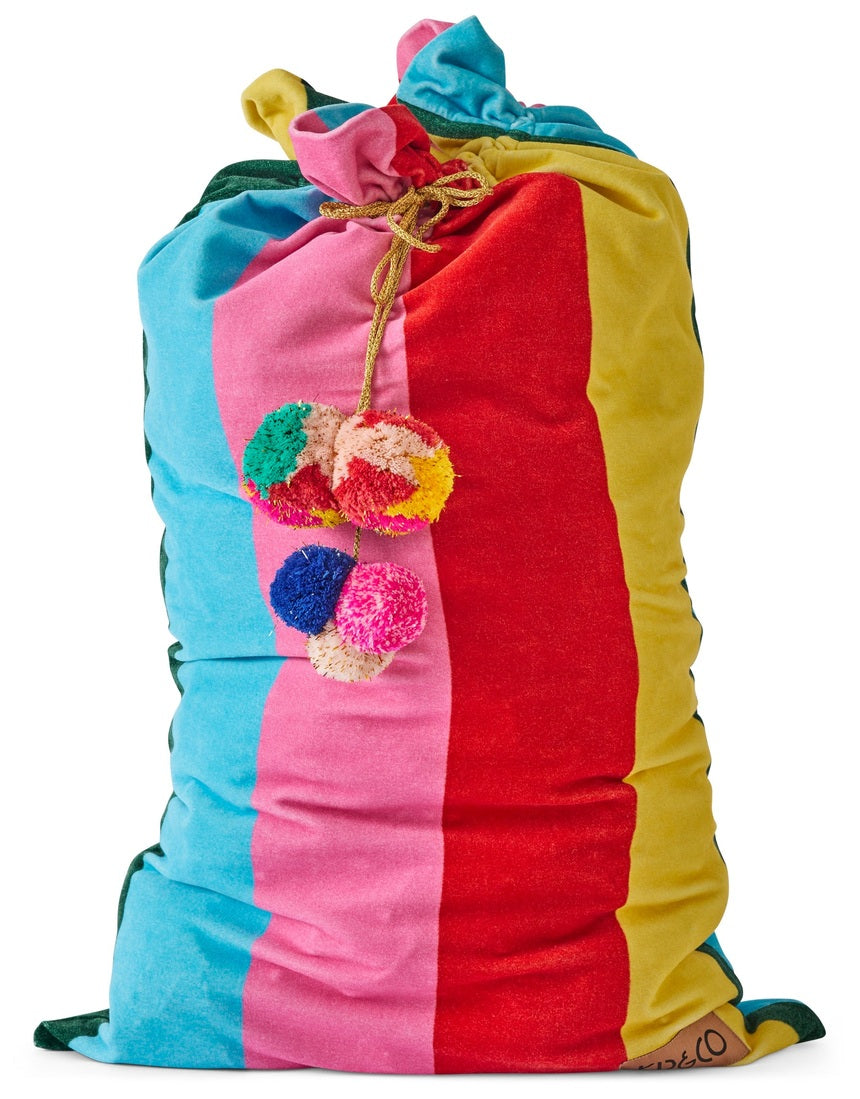 Kip & Co Rainbow Joy velvet Santa sack with colorful rainbow design for Christmas decorations