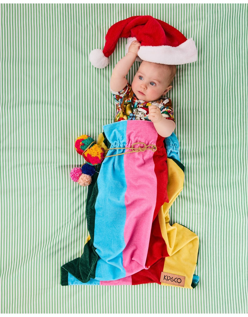 Kip & Co Rainbow Joy velvet Santa sack with colorful rainbow design for Christmas decorations