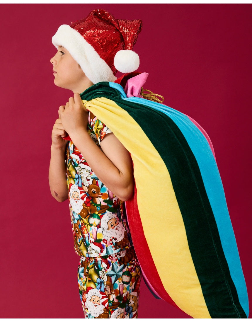 Kip & Co Rainbow Joy velvet Santa sack with colourful rainbow design for Christmas decorations