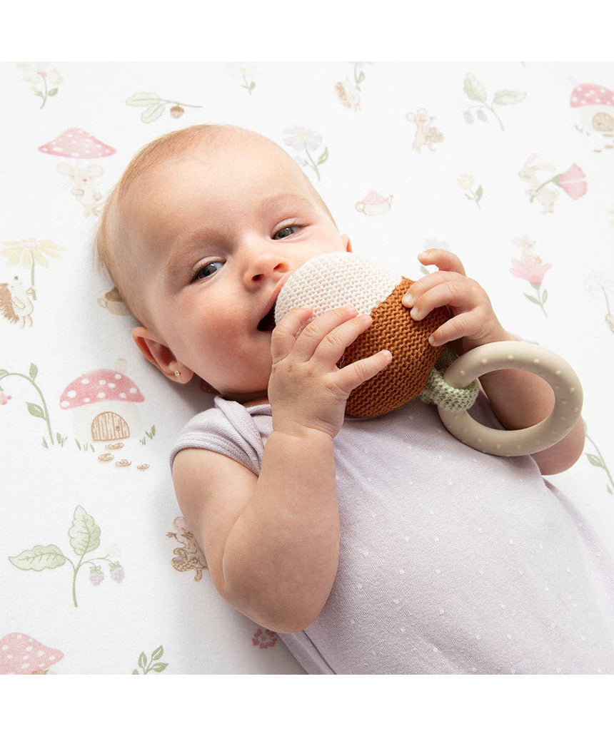 Living Textiles Acorn Teething Ring Rattle for babies, featuring whimsical Wonderland design, soft, safe, and easy to hold.