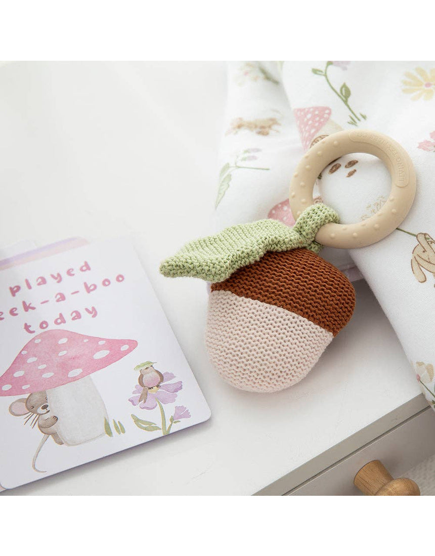 Living Textiles Acorn Teething Ring Rattle from Whimsical Wonderland, soft fabric baby teether with a gentle rattle feature.
