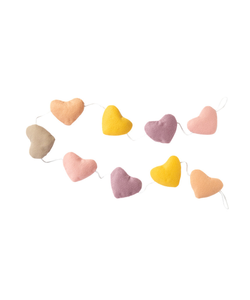 Living Textiles Felt Heart Bunting in Bohemian Bliss, colorful nursery decor with felt hearts hanging for a charming nursery look.