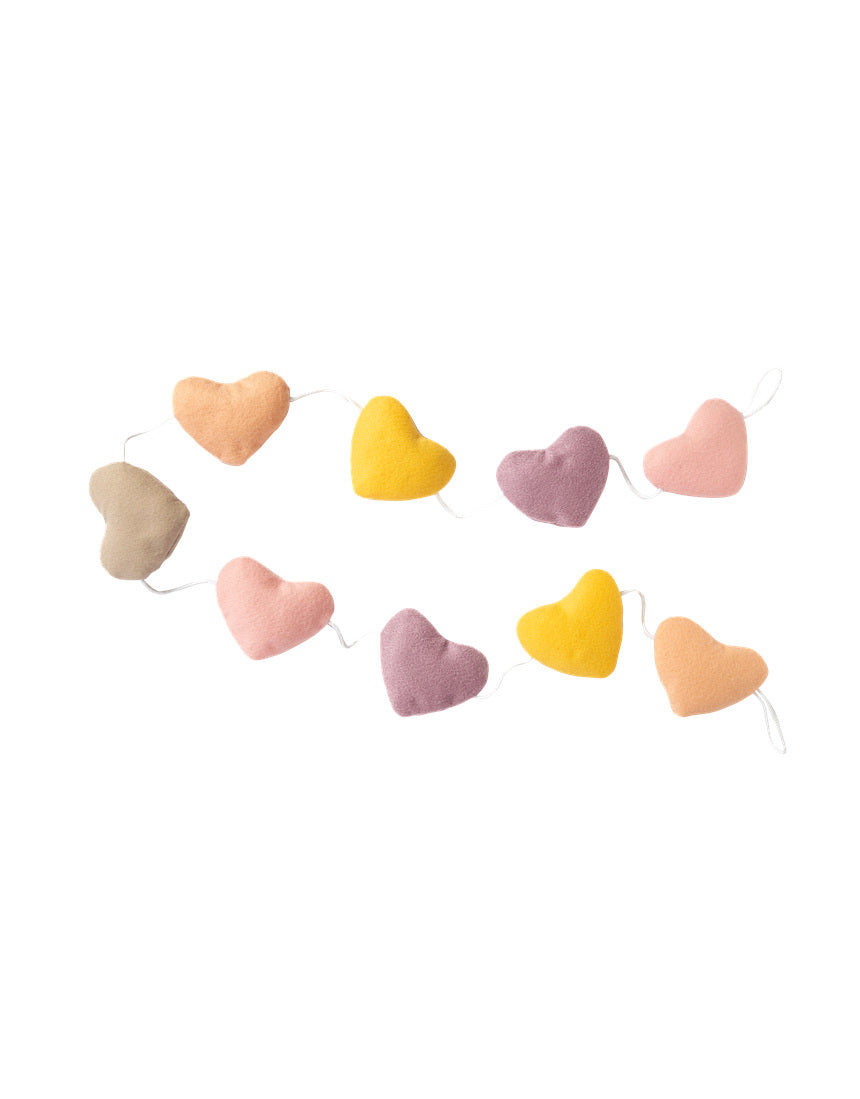 Living Textiles Felt Heart Bunting in Bohemian Bliss, colorful nursery decor with felt hearts hanging for a charming nursery look.