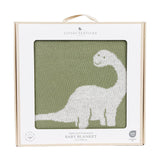 Living Textiles knitted dinosaur baby blanket with soft, cozy knit fabric for infants and prams.
