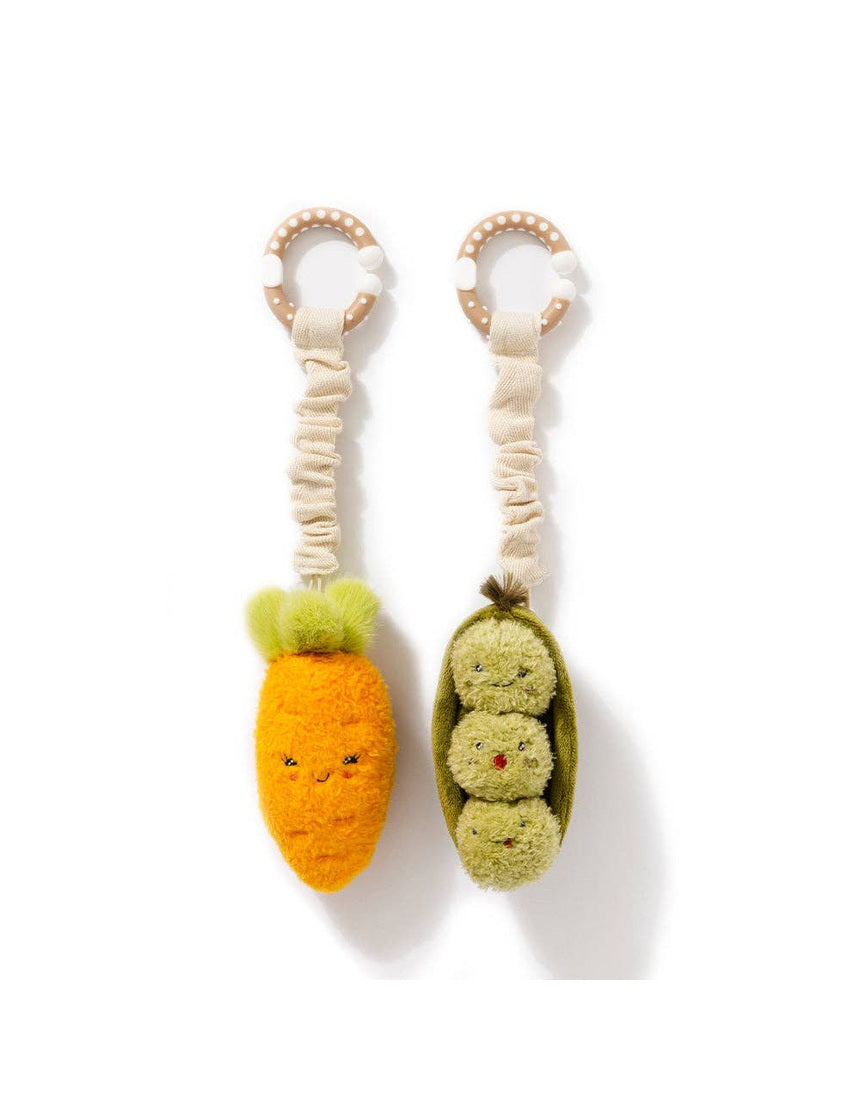 Living Textiles mini market stroller toys set featuring a carrot and green peas, colorful pram toys for babies.