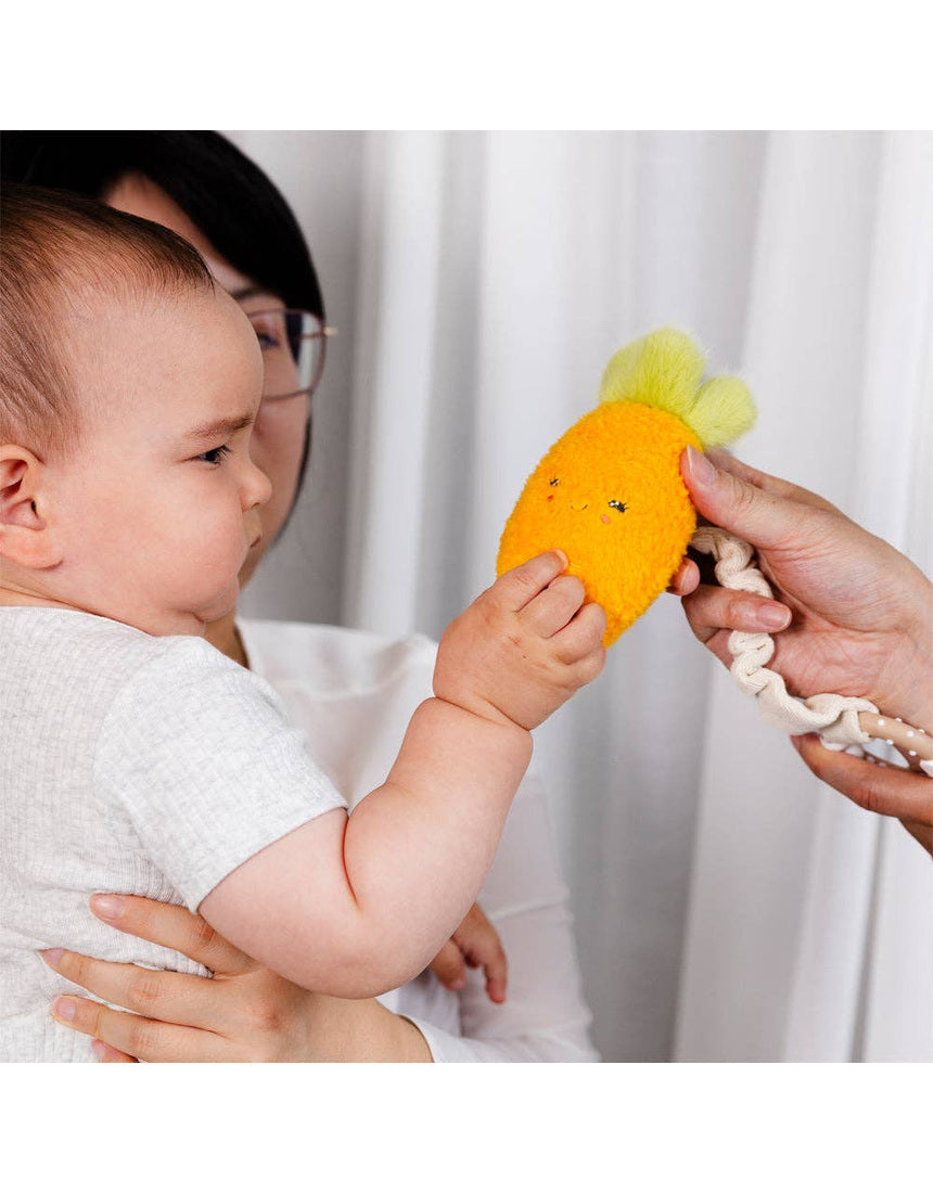Living Textiles mini market stroller toys featuring plush carrot and green peas, colorful and soft for baby pram entertainment.