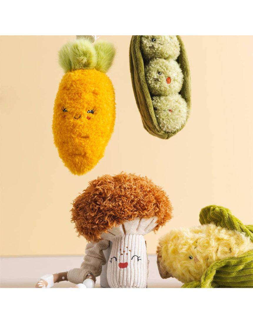 Living Textiles mini market stroller toys featuring a colorful carrot and green peas for baby pram entertainment.