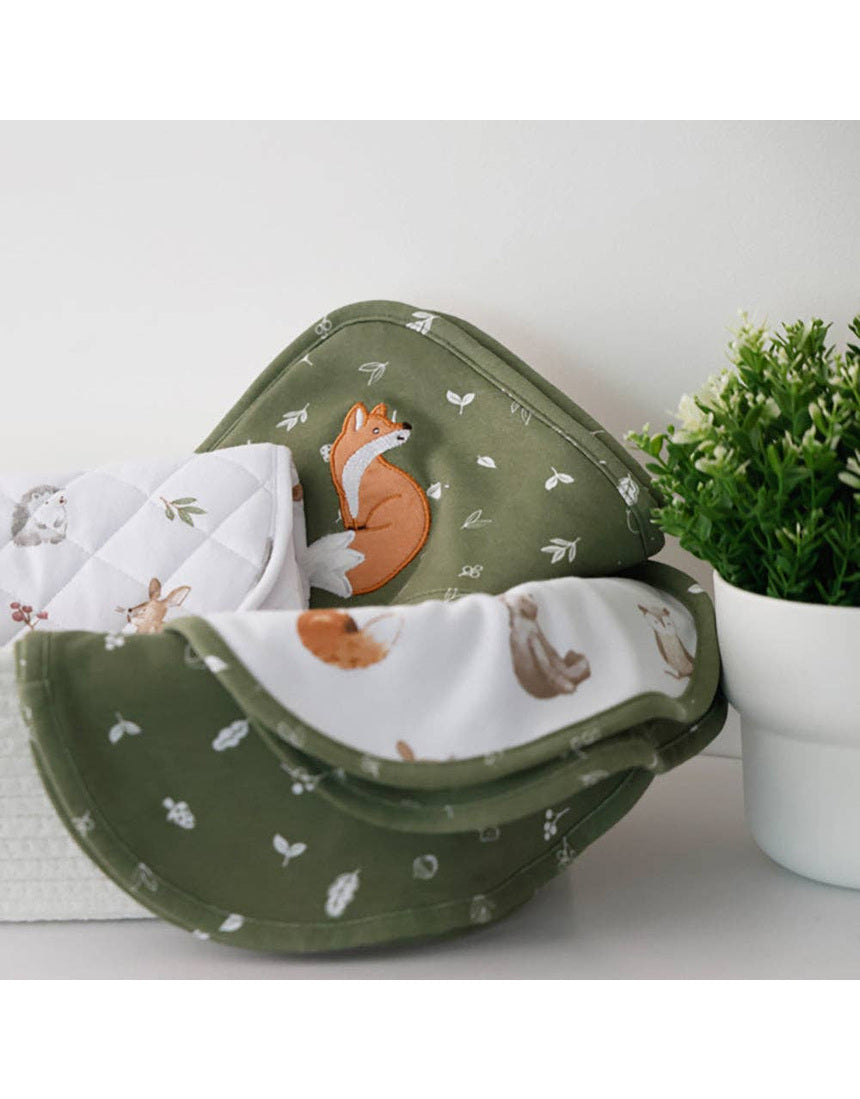 Living Textiles organic burp cloths 2-pack featuring playful fox and friends design, soft cotton fabric for gentle baby care.