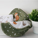 Living Textiles organic burp cloths 2-pack featuring playful fox and friends design, soft cotton fabric for gentle baby care.