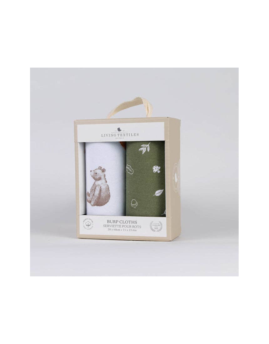 Living Textiles organic burp cloths 2-pack featuring cute fox and friends design, soft and absorbent for baby care.