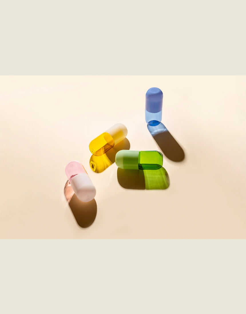 Maho Happi Pill fried egg glassware with multiple glass pieces, showcasing a playful fried egg design in clear glass.