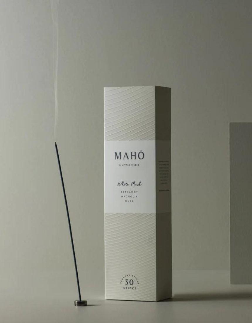 Maho White Musk Incense sticks in a package, featuring soft white packaging and a clean, calming design.
