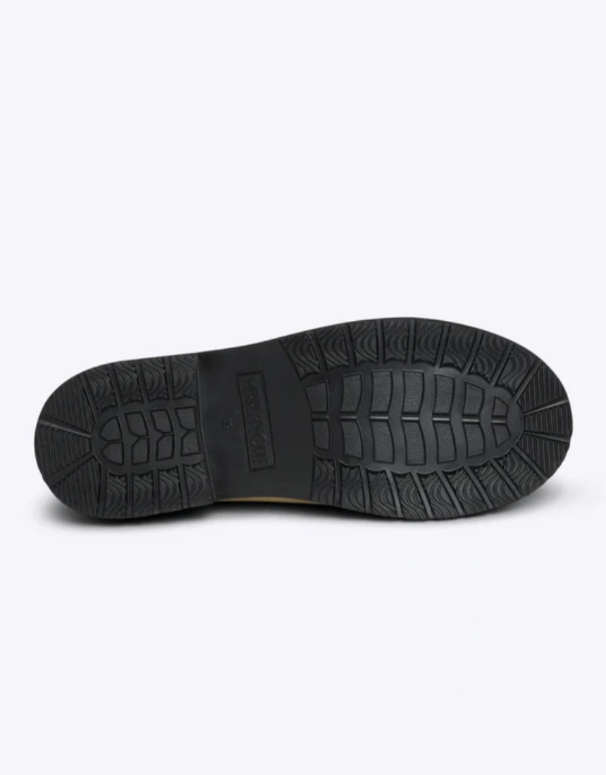 Merry People Bobbi Gumboot Sand shoes in beige with chunky sole and ankle height, casual waterproof footwear for women.