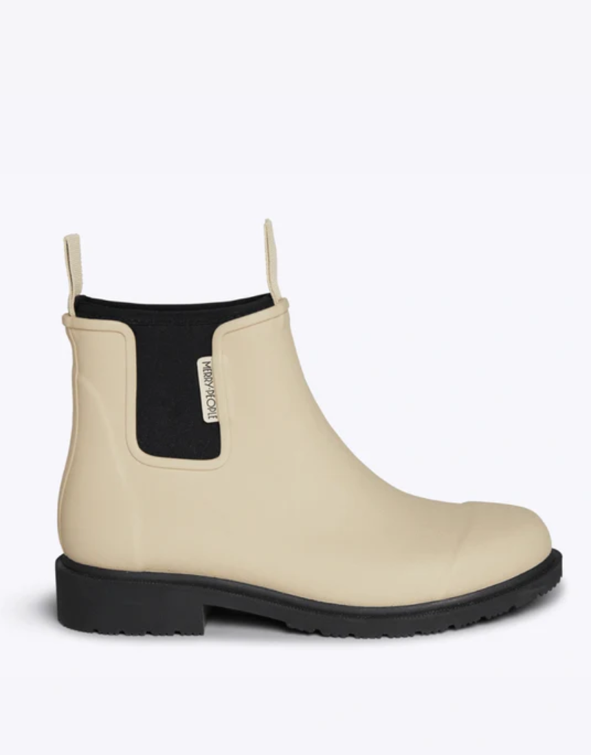 Merry People Bobbi Gumboot Sand shoes in beige with black soles, waterproof rubber footwear for wet weather.
