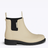 Merry People Bobbi Gumboot Sand shoes in beige with black soles, waterproof rubber footwear for wet weather.