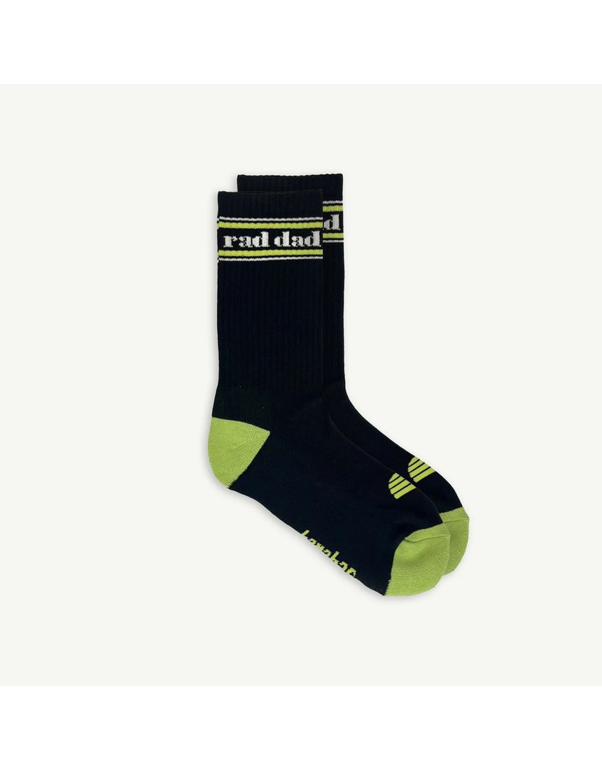 Banabae Rad Dad organic cotton crew socks in black and lime, featuring a comfortable fit and bold color contrast.