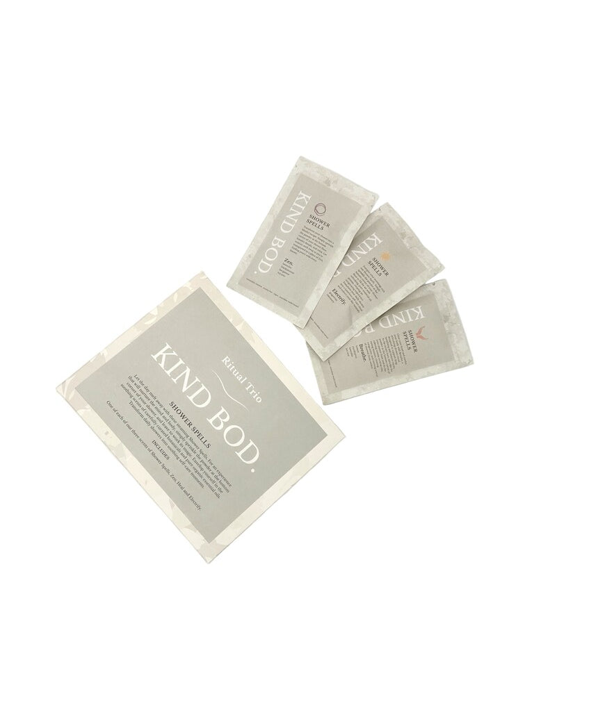 Kind Bod Ritual Trio shower steamers with natural scents, arranged in a box, designed for a relaxing aromatic shower experience.